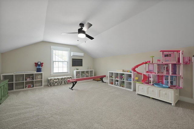 3705 Sandy Gate Ln, Mount Pleasant, SC 29466 - playroom featuring vaulted ceiling, carpet flooring, a ceiling fan, and a wall mounted AC