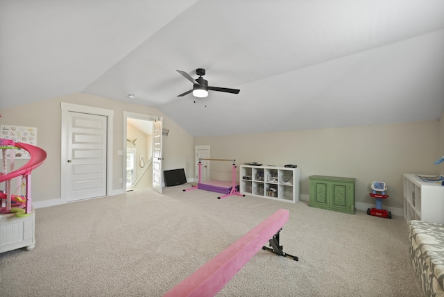 3705 Sandy Gate Ln, Mount Pleasant, SC 29466 - game room featuring carpet, vaulted ceiling, and ceiling fan