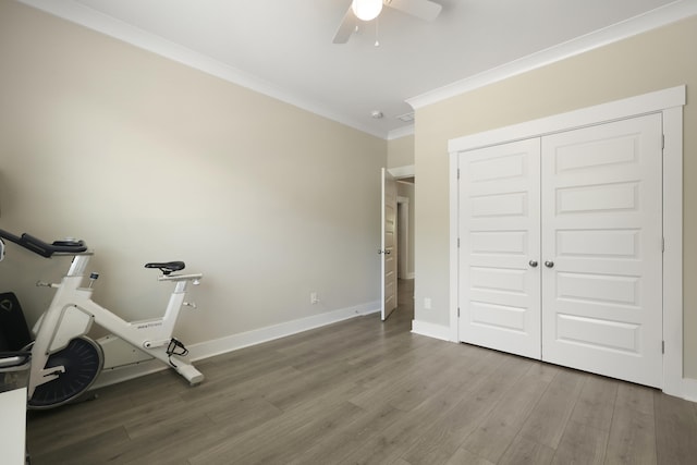3705 Sandy Gate Ln, Mount Pleasant, SC 29466 - exercise room featuring ceiling fan, ornamental molding, and wood finished floors