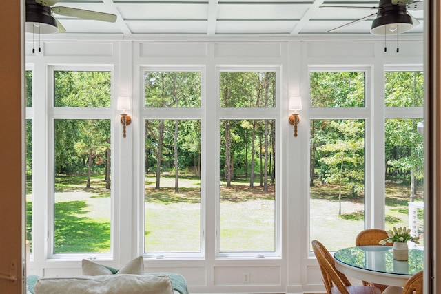 doorway featuring coffered ceiling