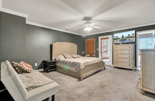 bedroom with access to exterior, carpet, ceiling fan, and crown molding