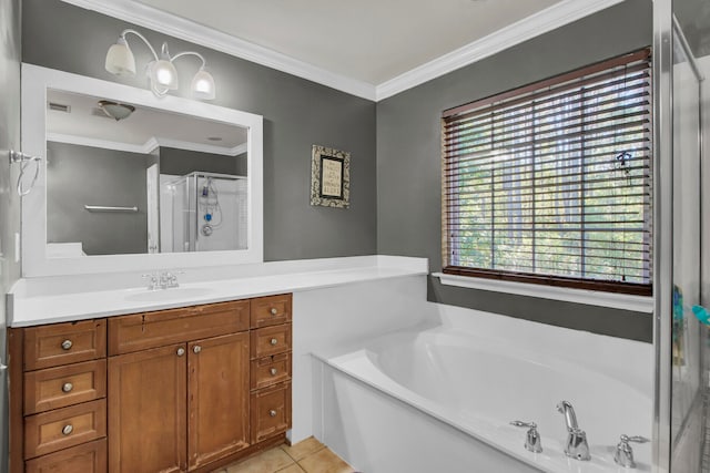 bathroom with tile patterned flooring, vanity, separate shower and tub, and ornamental molding