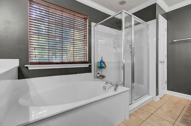 bathroom with tile patterned flooring, separate shower and tub, and ornamental molding