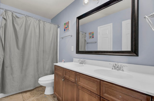 bathroom with tile patterned floors, vanity, toilet, and walk in shower