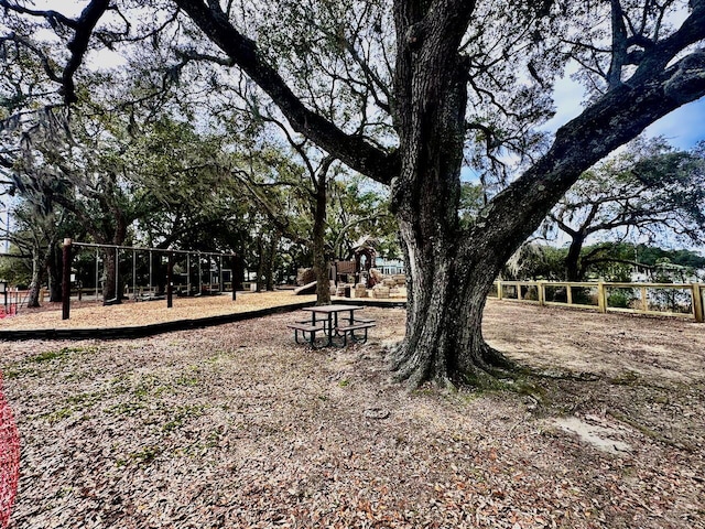 view of home's community featuring playground community and fence