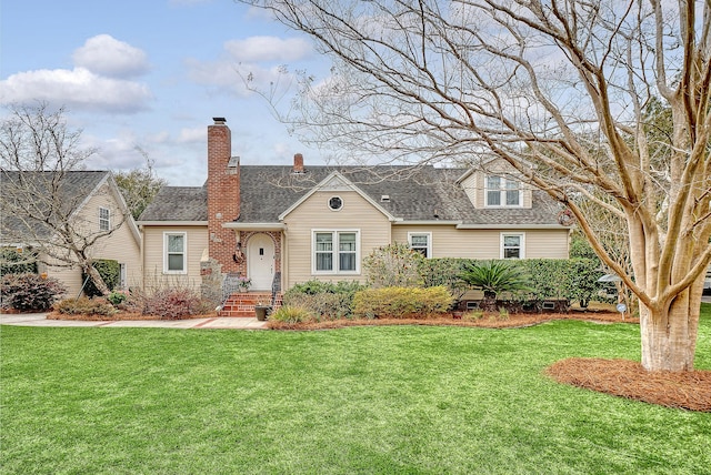 view of front of property with a chimney, roof with shingles, and a front yard