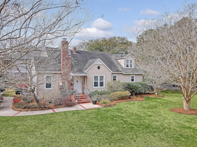 cape cod home featuring a chimney and a front lawn