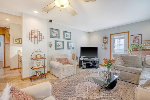 living room with baseboards, ceiling fan, light tile patterned floors, and recessed lighting