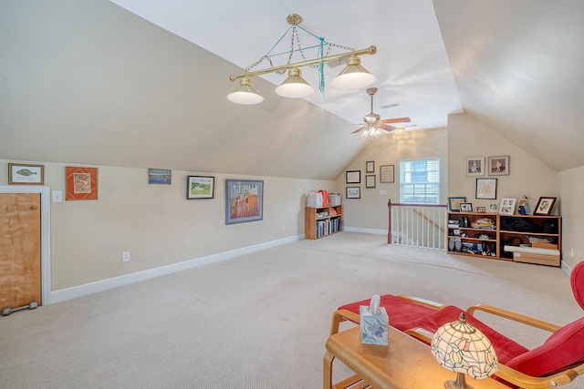 bonus room with carpet flooring, vaulted ceiling, visible vents, and baseboards