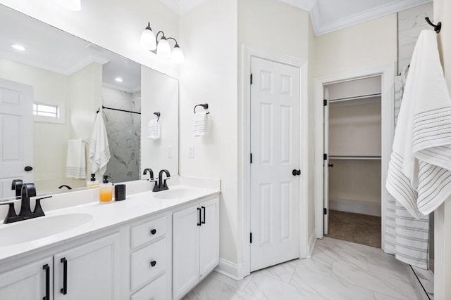 full bathroom with marble finish floor, ornamental molding, a sink, and a marble finish shower