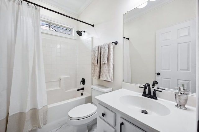 bathroom with crown molding, toilet, shower / tub combo with curtain, and vanity