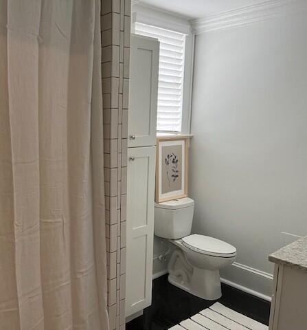 84 Bull St Unit F, Charleston, SC 29401 - full bath featuring toilet, vanity, crown molding, baseboards, and a shower with curtain