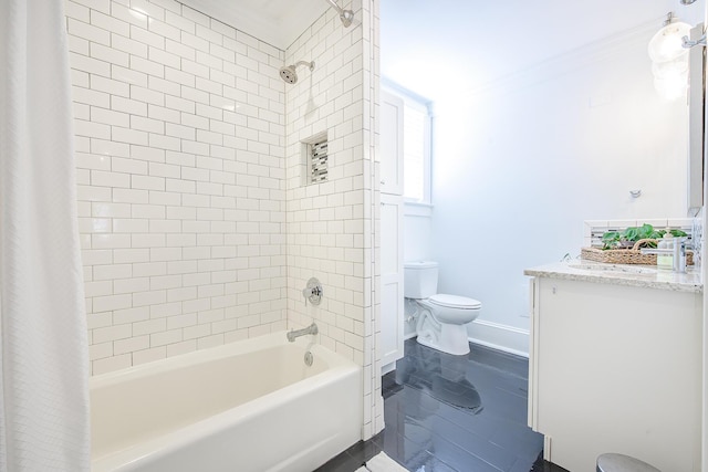 84 Bull St Unit F, Charleston, SC 29401 - full bathroom with toilet, shower / bath combination with curtain, vanity, ornamental molding, and baseboards