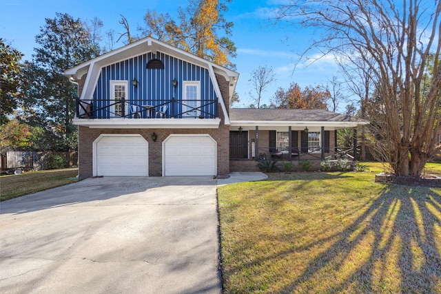 view of front of home with a porch, a garage, and a front lawn