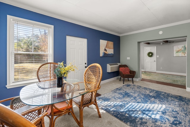 dining area with carpet floors, a wall mounted air conditioner, and ornamental molding