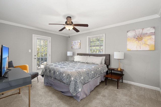 carpeted bedroom featuring ceiling fan, crown molding, access to outside, and multiple windows