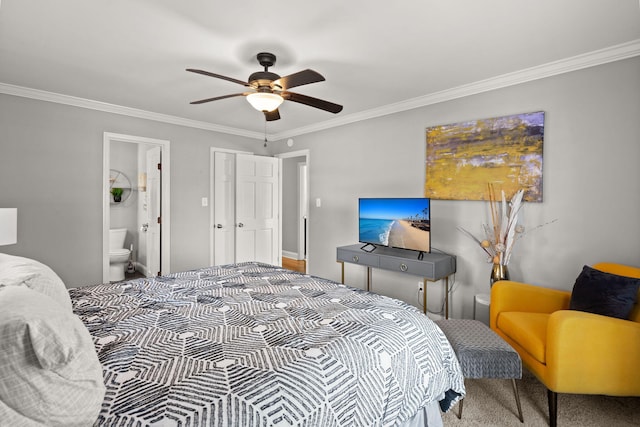 bedroom with ensuite bath, ceiling fan, and ornamental molding