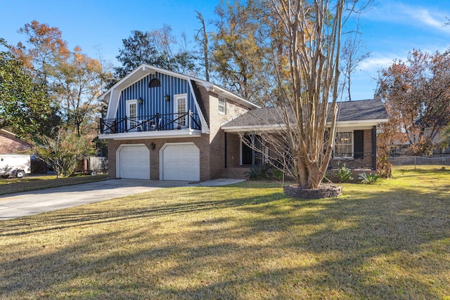 tri-level home featuring a balcony, a garage, and a front lawn