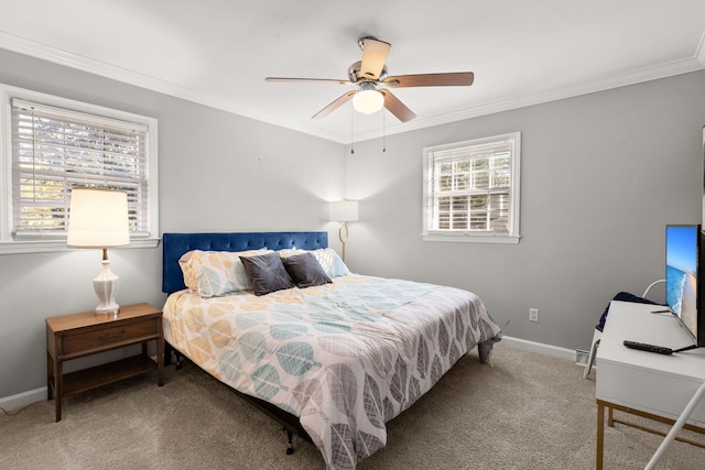 bedroom featuring carpet, ceiling fan, and crown molding