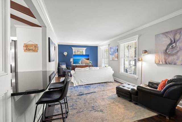 bedroom featuring dark hardwood / wood-style flooring and ornamental molding