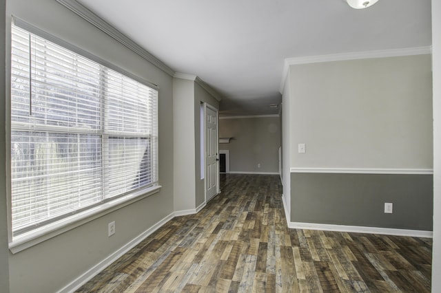 interior space with hardwood / wood-style floors, a fireplace, baseboards, and ornamental molding