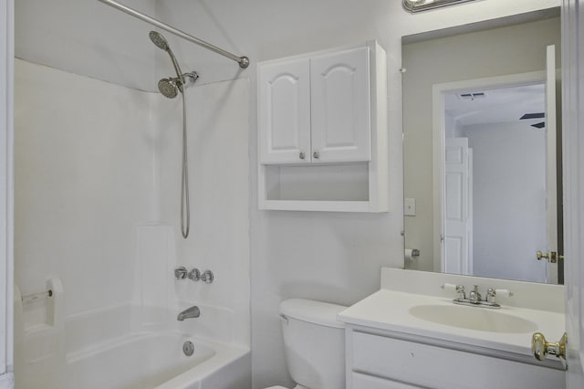 full bathroom featuring visible vents, toilet, shower / washtub combination, and vanity