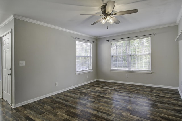 empty room with ceiling fan, dark wood-type flooring, baseboards, and ornamental molding