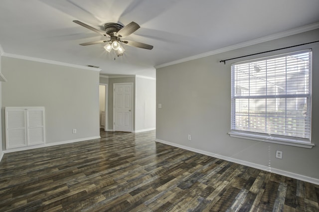 spare room featuring ceiling fan, baseboards, ornamental molding, and dark wood-style flooring