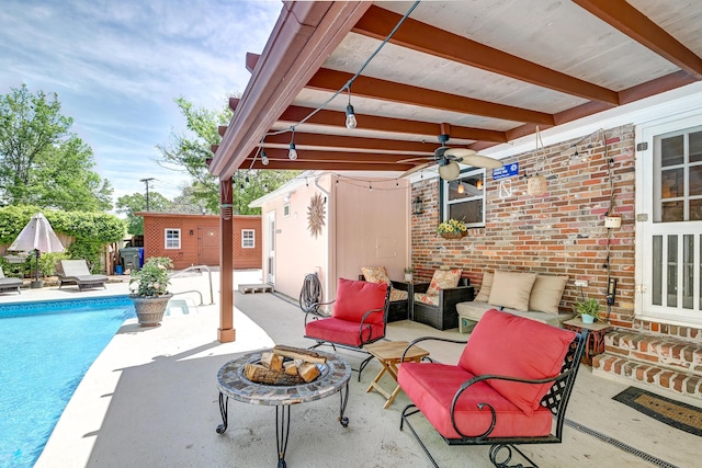 2506 Birkenhead Dr, Charleston, SC 29414 - view of patio / terrace with a ceiling fan, a fenced in pool, and an outdoor living space with a fire pit