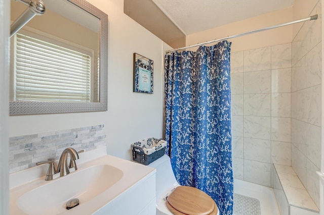 2506 Birkenhead Dr, Charleston, SC 29414 - bathroom featuring curtained shower, toilet, vanity, and decorative backsplash