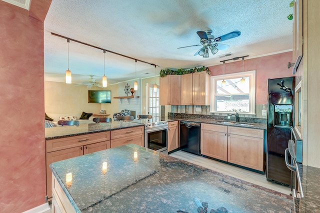 2506 Birkenhead Dr, Charleston, SC 29414 - kitchen with black appliances, a peninsula, a ceiling fan, and a textured ceiling