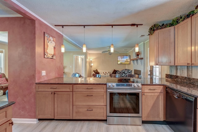 2506 Birkenhead Dr, Charleston, SC 29414 - kitchen featuring a peninsula, stainless steel electric range, black dishwasher, and light wood-style flooring