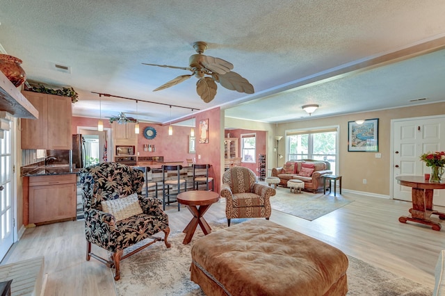 2506 Birkenhead Dr, Charleston, SC 29414 - living area featuring a textured ceiling, light wood-style floors, ceiling fan, baseboards, and visible vents