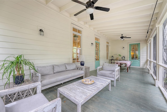 312 Hobcaw Dr, Mount Pleasant, SC 29464 - sunroom featuring ceiling fan, an outdoor hangout area, healthy amount of natural light, and beamed ceiling