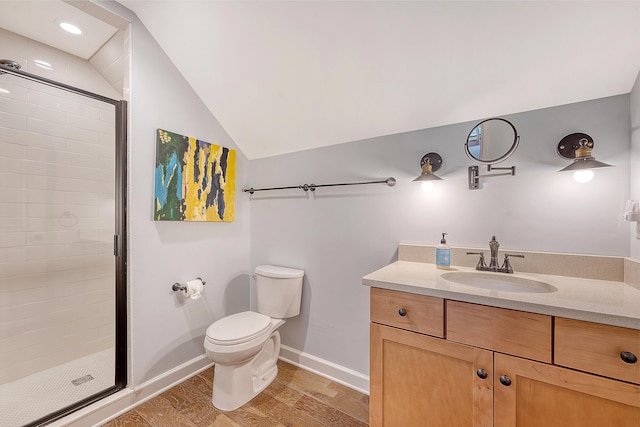 312 Hobcaw Dr, Mount Pleasant, SC 29464 - full bath featuring a shower stall, vanity, toilet, vaulted ceiling, and baseboards