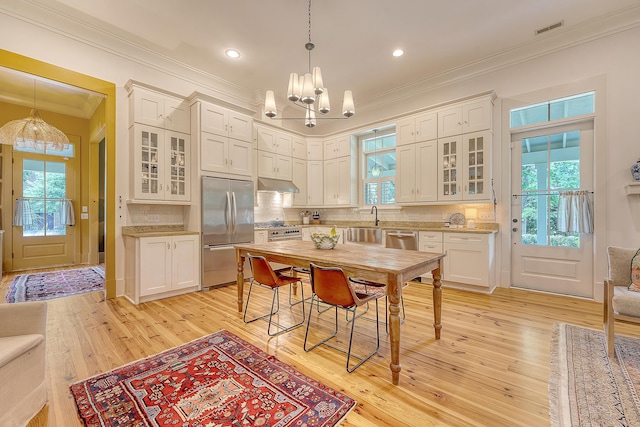 312 Hobcaw Dr, Mount Pleasant, SC 29464 - kitchen with stainless steel appliances, under cabinet range hood, ornamental molding, a chandelier, and healthy amount of natural light