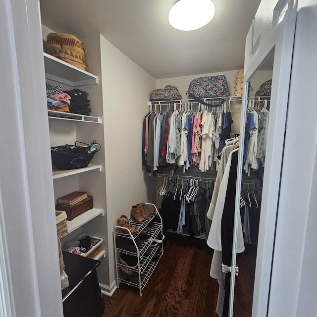 walk in closet featuring dark wood-type flooring