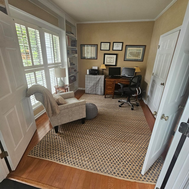 office area with wood-type flooring and crown molding