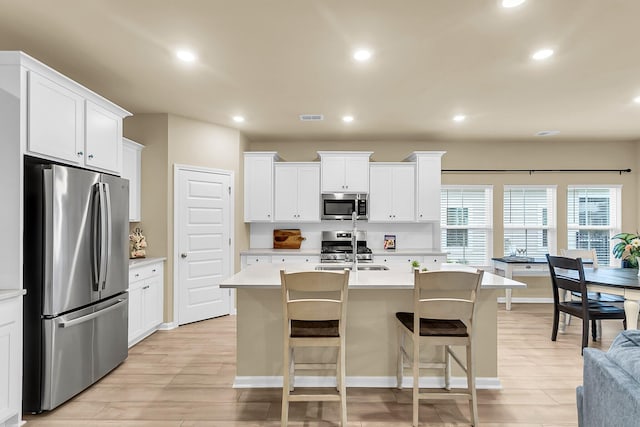 kitchen featuring a center island with sink, sink, appliances with stainless steel finishes, a breakfast bar area, and white cabinets