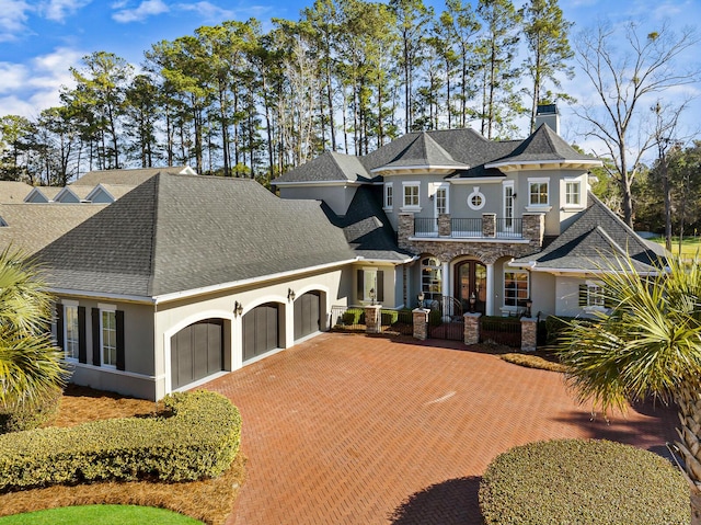 view of front of home with decorative driveway, stucco siding, an attached garage, a balcony, and stone siding