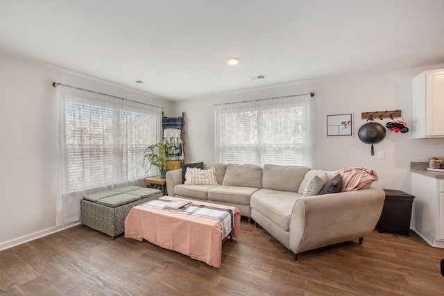 living area featuring wood finished floors, baseboards, and recessed lighting