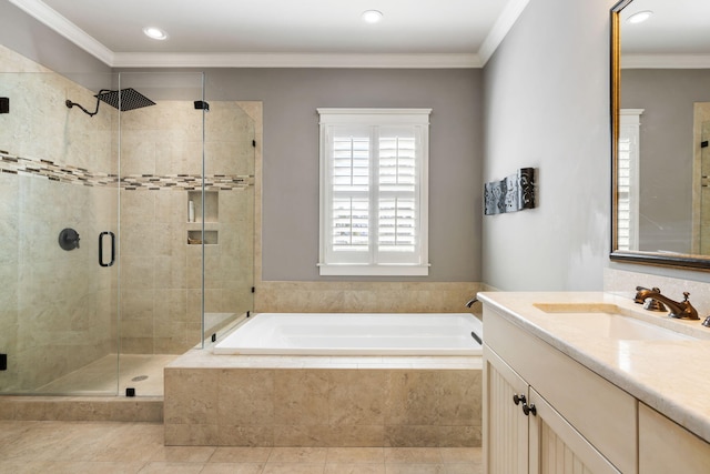 bathroom featuring shower with separate bathtub, crown molding, and vanity