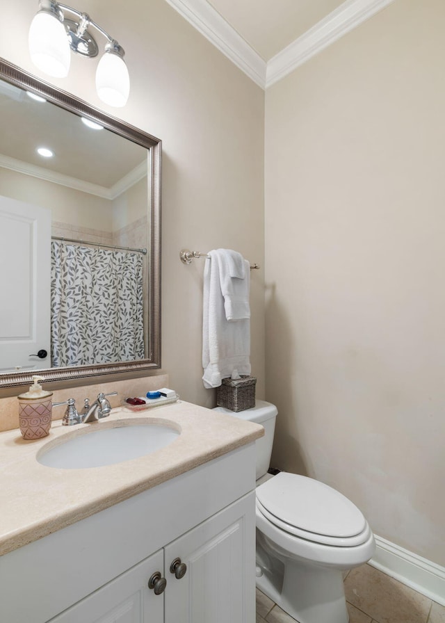 bathroom with vanity, walk in shower, crown molding, tile patterned flooring, and toilet