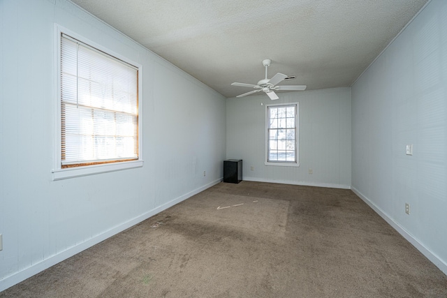 carpeted empty room featuring crown molding, ceiling fan, and a textured ceiling