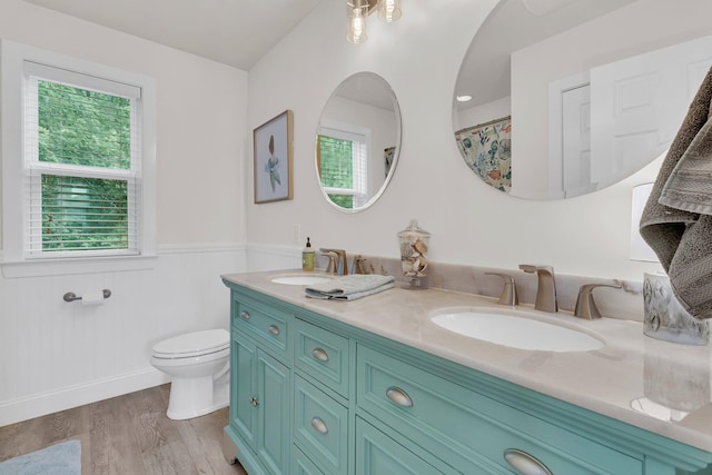 1576 Nautical Chart Dr, Charleston, SC 29414 - full bath with healthy amount of natural light, double vanity, toilet, wood finished floors, and a wainscoted wall