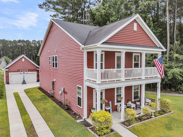 1576 Nautical Chart Dr, Charleston, SC 29414 - view of front of home with a garage, a balcony, roof with shingles, an outbuilding, and a front yard