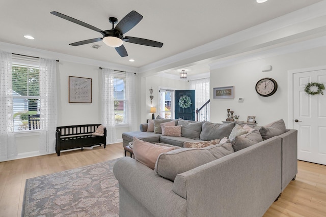 1576 Nautical Chart Dr, Charleston, SC 29414 - living room featuring ornamental molding, healthy amount of natural light, light wood finished floors, recessed lighting, and a ceiling fan