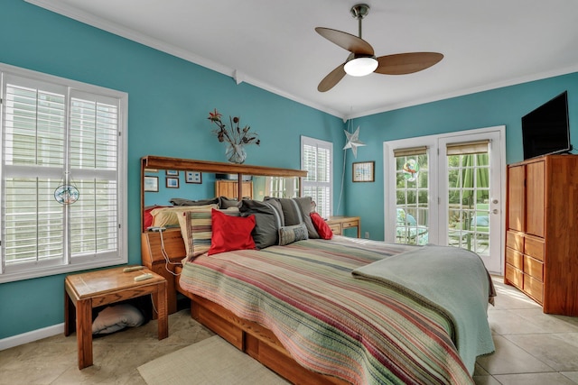 tiled bedroom featuring access to outside, multiple windows, ceiling fan, and crown molding