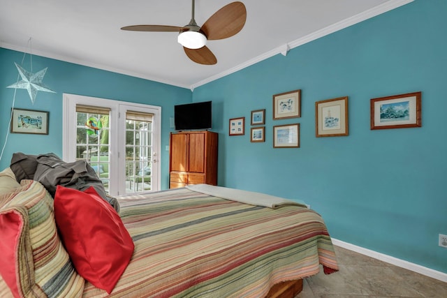 bedroom featuring tile patterned flooring, ceiling fan, and crown molding