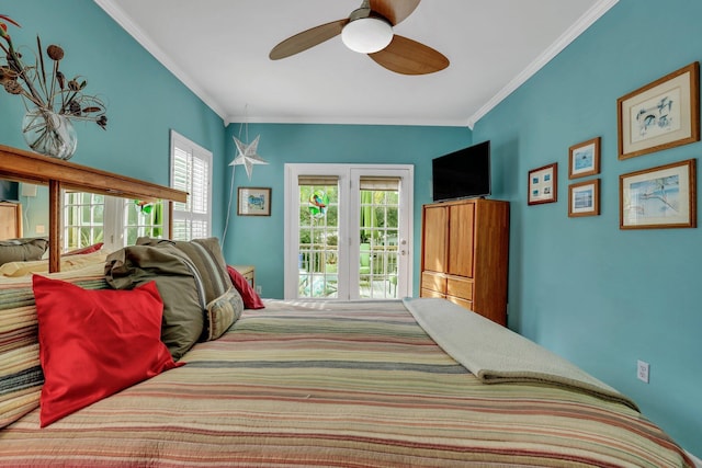 bedroom with ceiling fan and ornamental molding